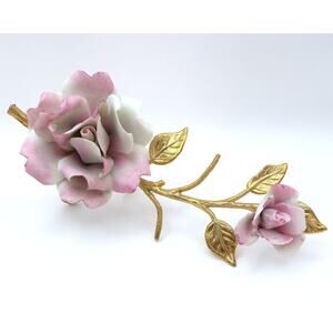 Capodimonte Style Porcelain Floral Roses on Gilt Branch Figurine Unmarked 7"